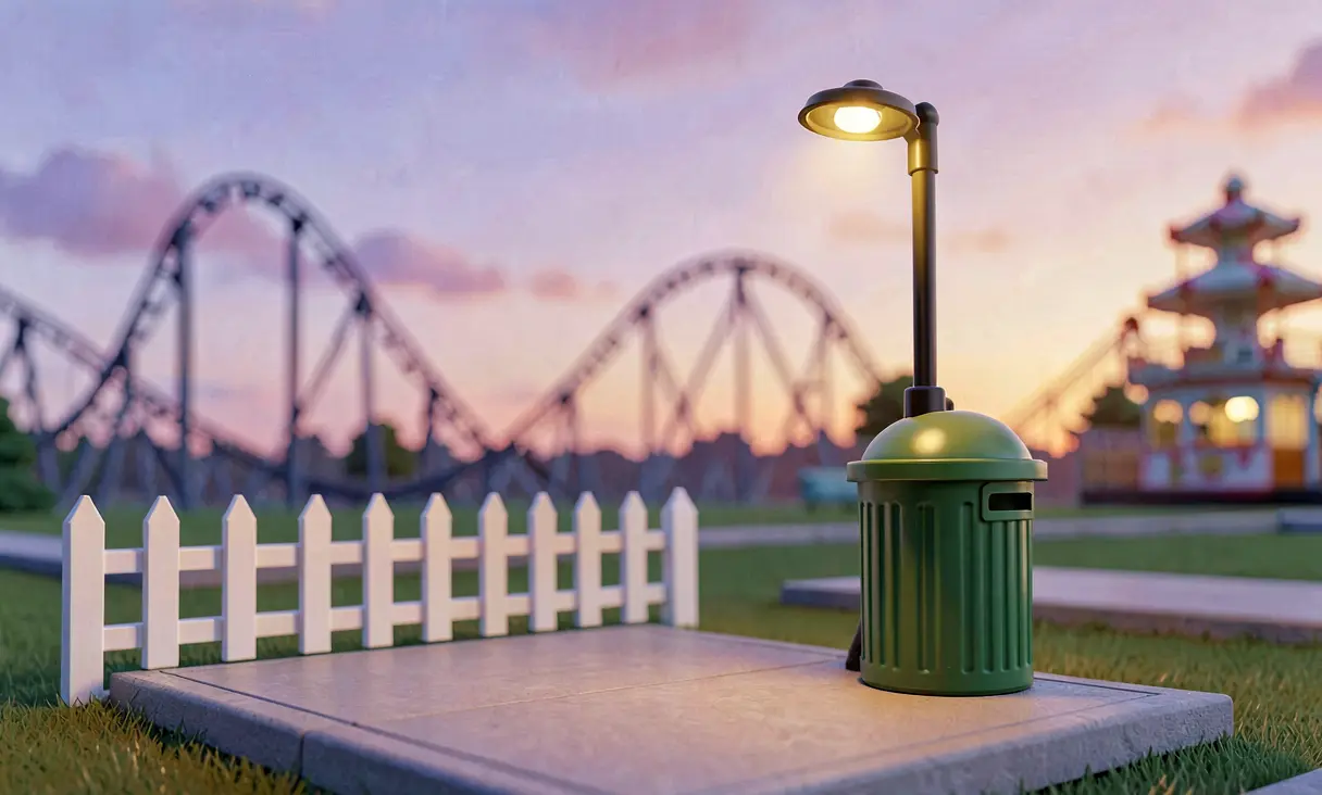 Path with fence, lamp, and bin